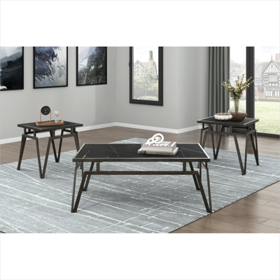 Ensemble de tables d'appoint 3 pièces avec dessus en pierre frittée noir foncé et bases en métal pour le salon
