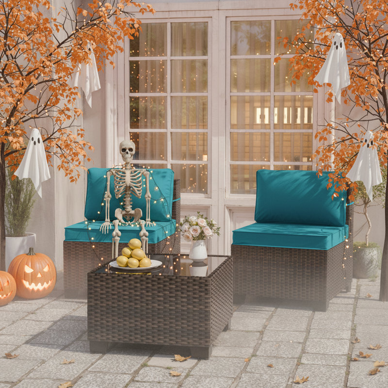 Kalinowski 3-Piece Outdoor Patio Furniture Set With Splash Proof Cushions Tempered Glass Coffee Table And Adjustable Feet Wicker Sofa With Seat Clips For Stability