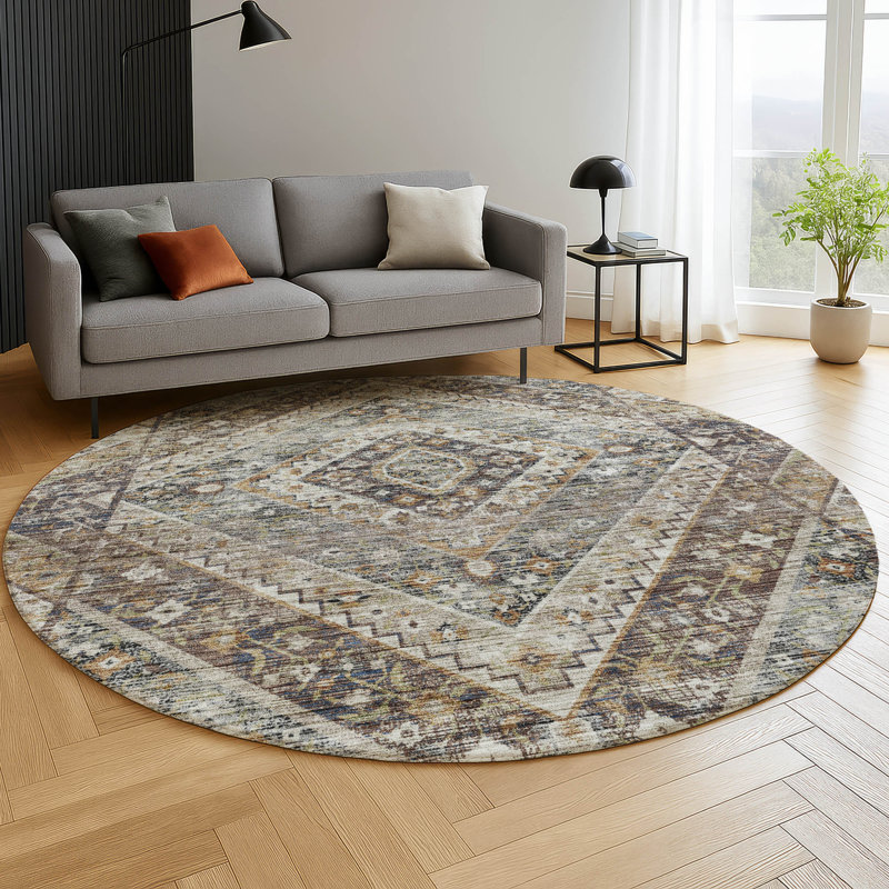 Premium Machine Washable Mayfield AMF2195 geometric Rug, 8' Round, Brown