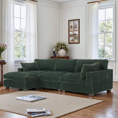 3 - Piece Upholstered Green Faux Rabbit Fur Flannel Reversible Modular Sofa Living Room Sectional Couch with Pillows