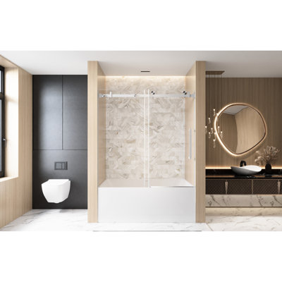 Porte de douche coulissante simple de style américain pour salle de bain, l 56 à 60 po x H 60 po, verre trempé transparent de 6 mm, protecteur de film sécuritaire, rail tubulaire carré en acier inoxydable et poignée confortable brossée