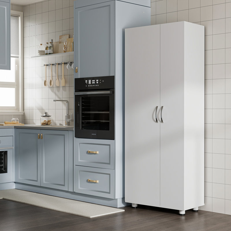 Asymmetrical Storage Cabinet With Adjustable Shelves And Utility Compartment