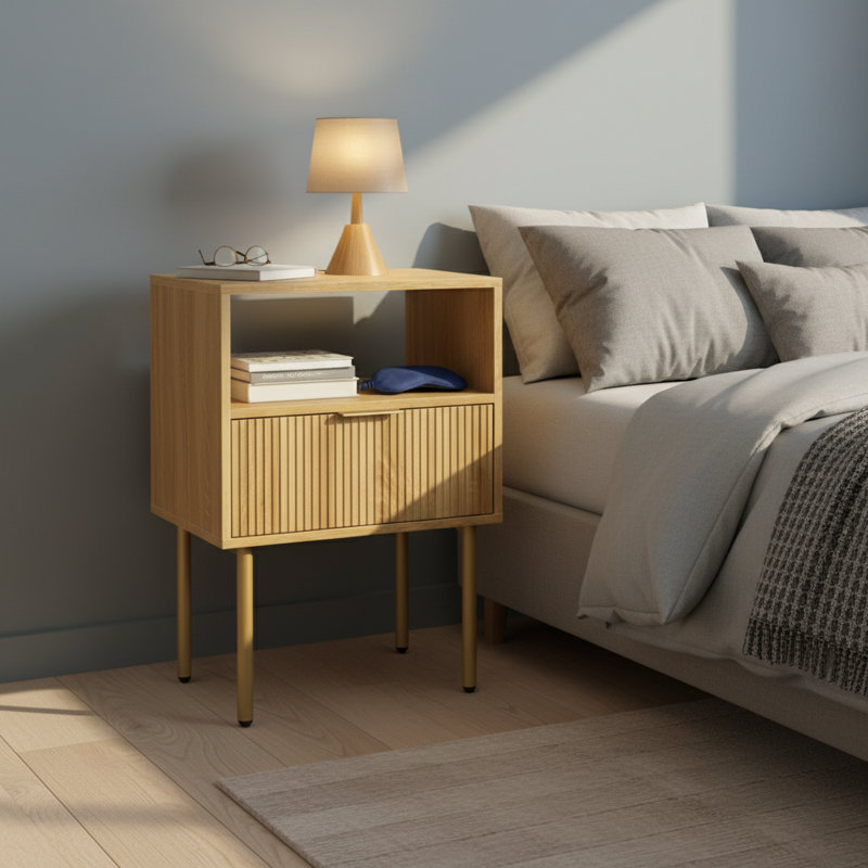 Table de chevet moderne Mid-Century, petite table d'appoint avec tiroir de rangement et tablette ouverte en bois pour le salon de la chambre à coucher