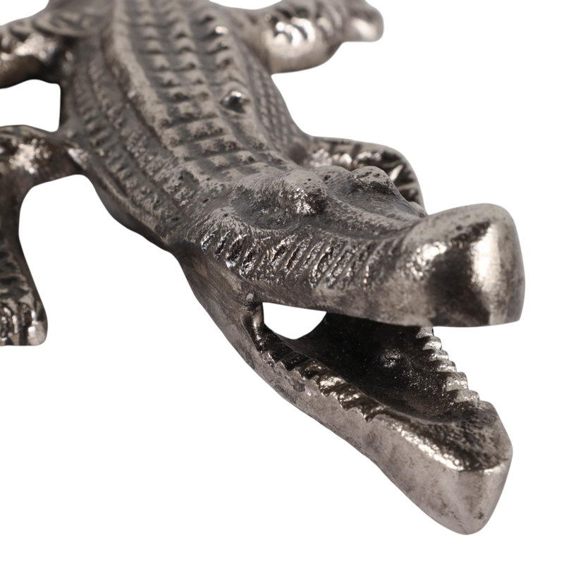 Sculpture décorative en aluminium représentant un alligator, idéale pour la décoration intérieure – Objet de décoration moderne pour le salon, à poser sur une étagère ou une table – 28 cm, argent et gris anthracite