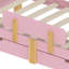 Lit simple rose avec rangement, conception en bois massif, garde-corps, crochets et tablettes, garde-corps