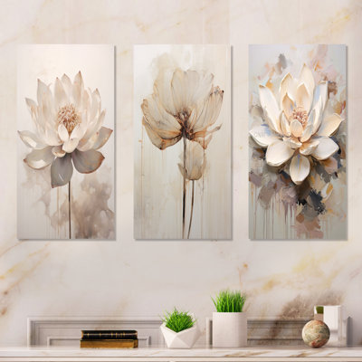 Beige Lotus Reflections - Lotus Metal Wall Art Set Of 3