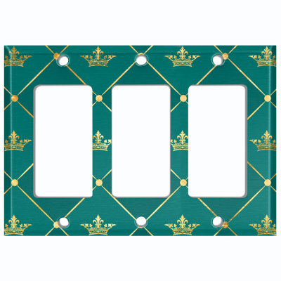 Metal Light Switch Plate Outlet Cover (Damask Golden Fleur De Lis Crown Elegant Green - Single Toggle)