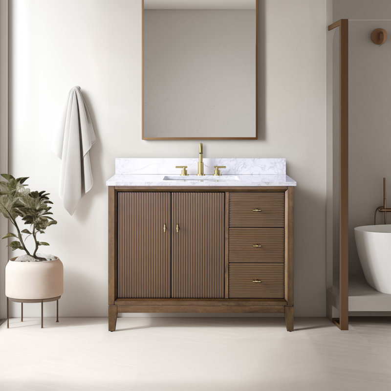 Meuble-lavabo autoportant à simple cuve 42 po avec plateau en marbre Caldwell, Blanc Arabescato, Noyer, Doré brossé