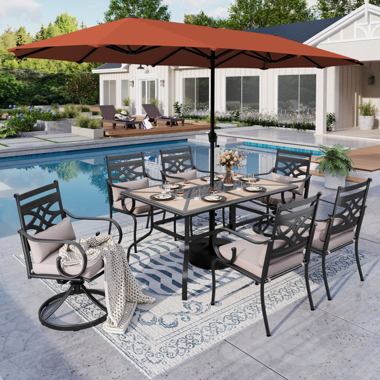Bjartmar Rectangular 6 - Person 60'' Long Dining Set With Cushions And Umbrella