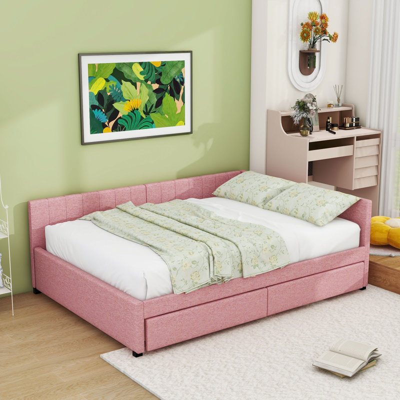 Modern Full Size Upholstered Daybed with Storage Drawers, Pink