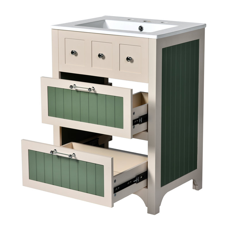 Meuble-lavabo autoportant de 24 po avec lavabo en céramique et 2 tiroirs, structure en bois massif