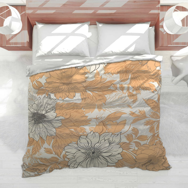 Édredon orange, beige et floral, Lit simple