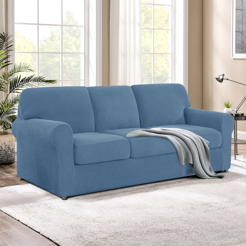 3 Seater Stretch Separate Box Cushion Sofa Slipcover, Denim Blue
