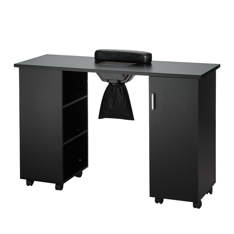 Table de manucure, station de table à clou avec collecteur de poussière électrique, bureau mobile à clou technique avec 8 roues (4 verrouillables), 3 sac à poussière et repose-poignet, poste de travail en bois aggloméré pour salon de beauté spa, noir