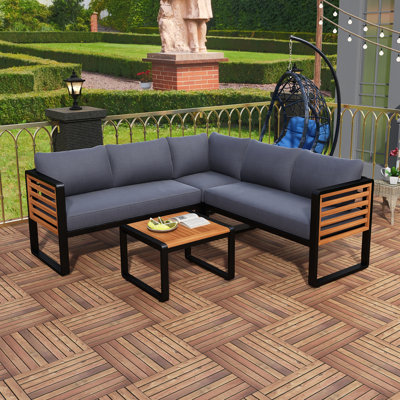 4 Pieces Outdoor Patio Conservation Set, Metal And Wood Frame Sectional L-Shaped Sofa With Soft Cushion And A Coffee Tables
