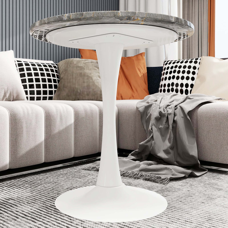 Table de salle à manger 27,6 pouces blanche Mid-Century, plateau rond en marbre veiné gris foncé pour une utilisation quotidienne