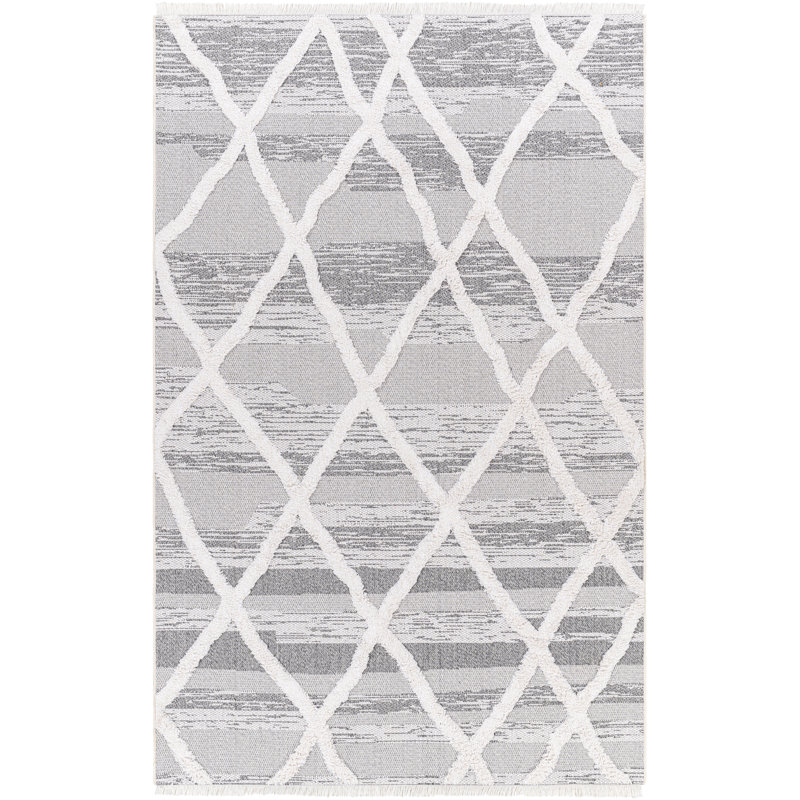 Himzo Geometric Machine Woven Cotton Area Rug in Gray, Rectangle 7'7" x 10'