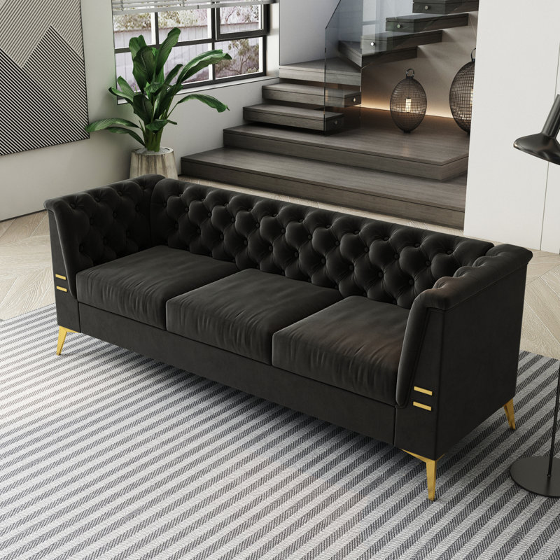 Canapé Chesterfield Tharyn, Velours noir