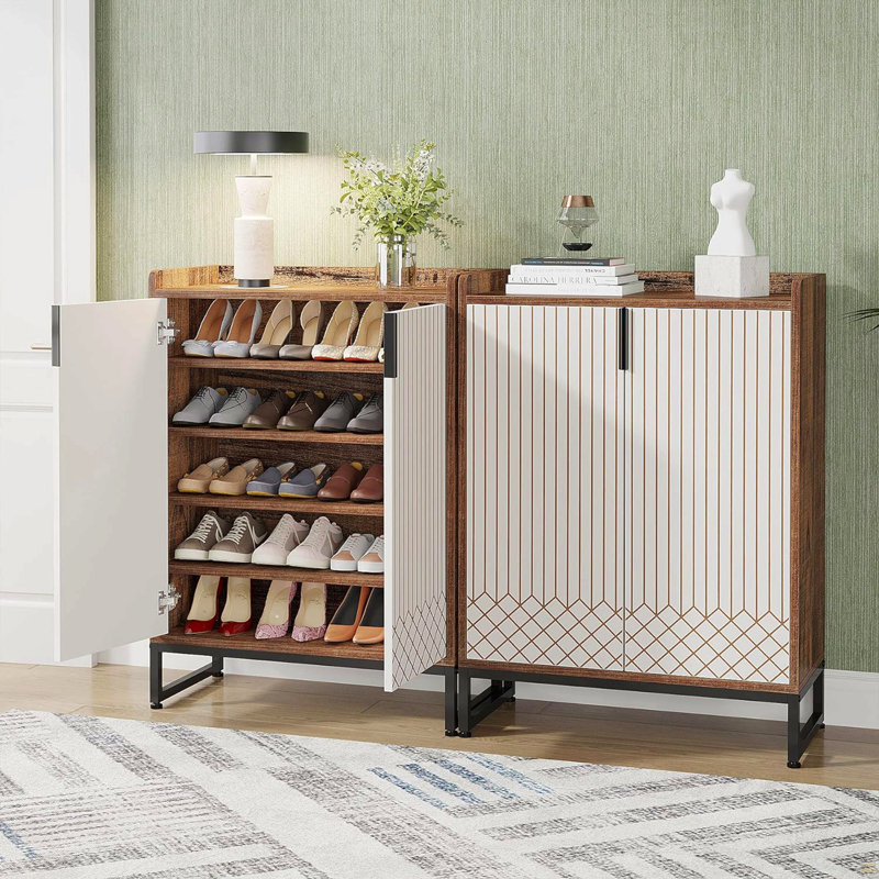 29.52" Shoe Cabinet With Doors, 5 Tiers Shoe Storage Organizer, Brown/White/Black