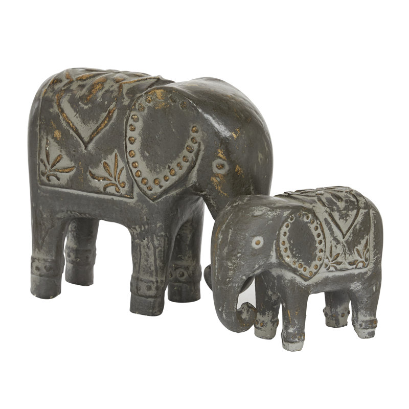 Petite sculpture de famille éléphant en céramique brun Ensemble de 2 : L 13 po x L 9 po