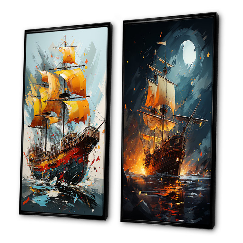 Golden Galleon Pirate Ship I - Ensemble de 2 décorations murales bateau côtier, H 40 po x l 41 po, Cadre noir