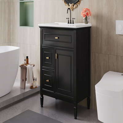 Meuble-lavabo 30 po avec lavabo, meuble-lavabo avec un tiroir rabattable et deux tiroirs, tablette réglable, bois massif et panneau de fibres à densité moyenne