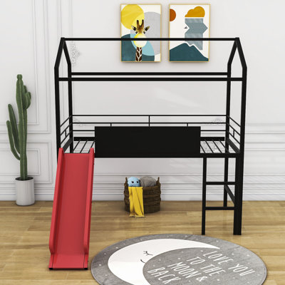 Skokie Twin Size Metal House Loft Bed with Slide and Writable Board by Harper Orchard