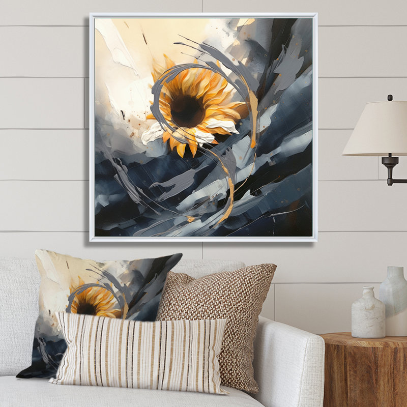 Jaune, jaune, doré, tournesols joyeux, H 36 po x l 36 po x P 1,5 po, Cadre flottant blanc