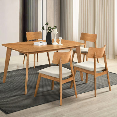 Casual 5pcs Dining With Style, Beige Fabric Upholstered Curve Back Chairs, Rectangular Table, Natural Oak Finish , Chairs And Finish, Seats 4