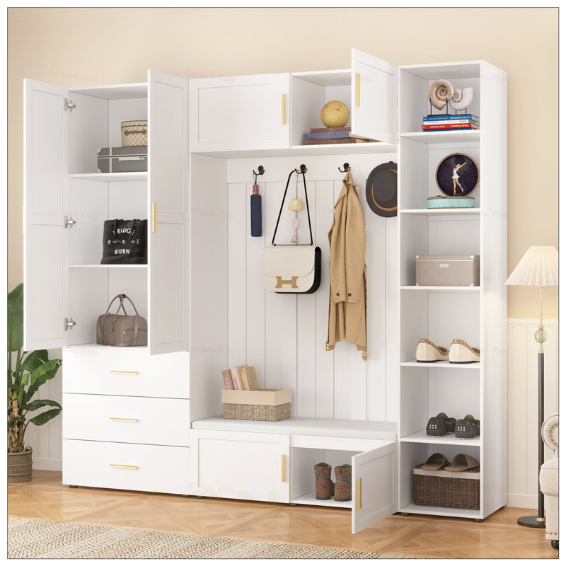 American Style 4-in-1 Hall Tree with Padded Bench, 4 Hooks, and Adjustable Storage Shelves, White