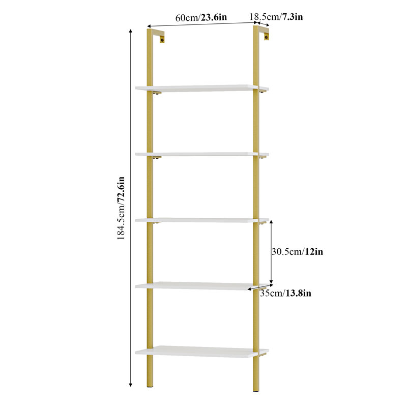 Bibliothèque étagère à 5 niveaux H 72,6 po x l 23,6 po Cayden-James, étagère de bibliothèque blanche et dorée, Blanc / Laiton