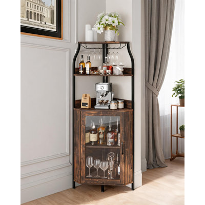 Bar d'angle avec prise de courant, armoire à vin industrielle avec bande à DEL et porte-verre, armoire à boissons à 5 niveaux pour la maison, armoires de présentation en coin pour petits espaces