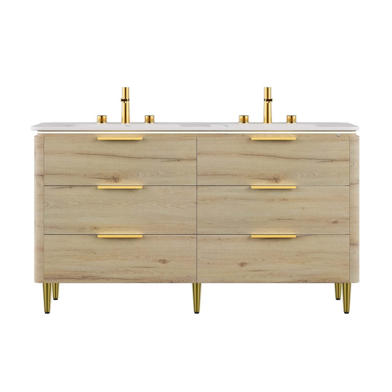 Meuble-lavabo autoportant avec éviers et 6 tiroirs spacieux, armoire en contreplaqué durable, comptoir en pierre frittée résistant à la chaleur