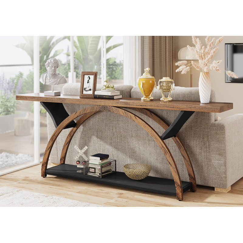 Console de 70,87 pouces avec tablette de rangement, table de canapé étroite pour le couloir et le salon, table de hall d'entrée rustique avec cadre en demi-lune