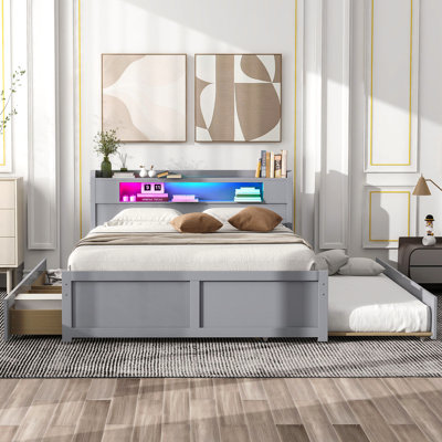 Grand lit plateforme en bois avec rangement à DEL, 2 tiroirs et 1 lit gigogne simple, gris
