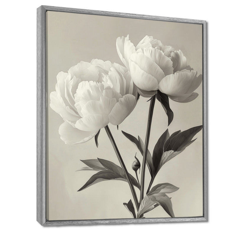 Monochromes de flocons de flocons II - art mural pivoines, H 32 po x l 16 po, Reproduction avec cadre flottant, Argent argent