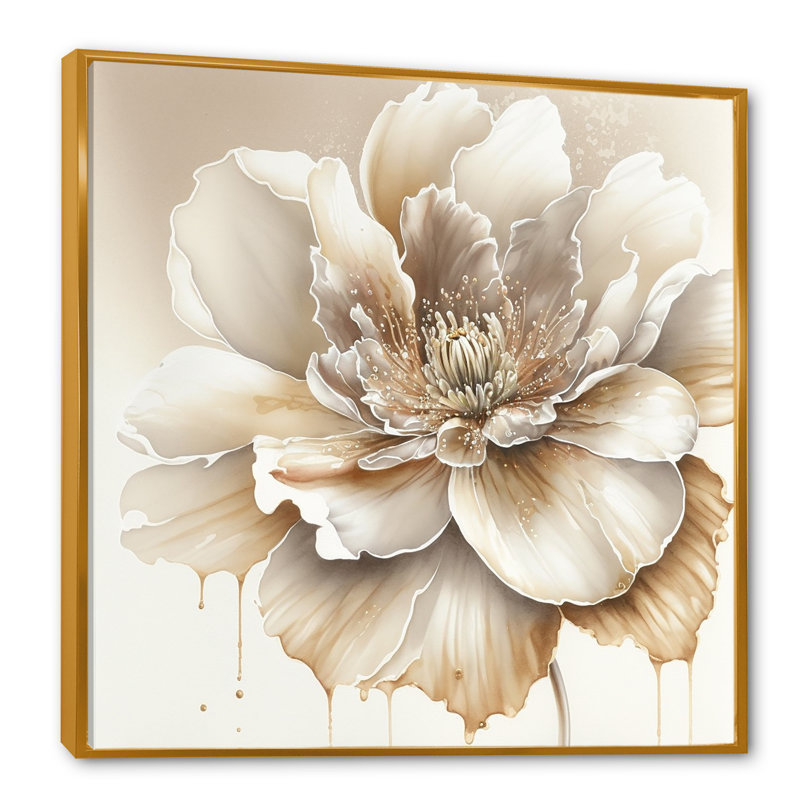 Blooming Beige Floral Design II - Art mural sur toile floral et botanique, H 24 po x l 24 po x P 1 po, Cadre flottant doré