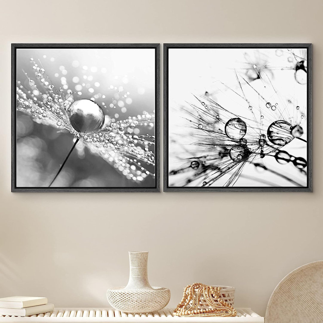 Black and White Photograph Water Drops On Plant Fibers Framed Canvas 2 Pieces Print Wall Art IDEA4WALL Frame 