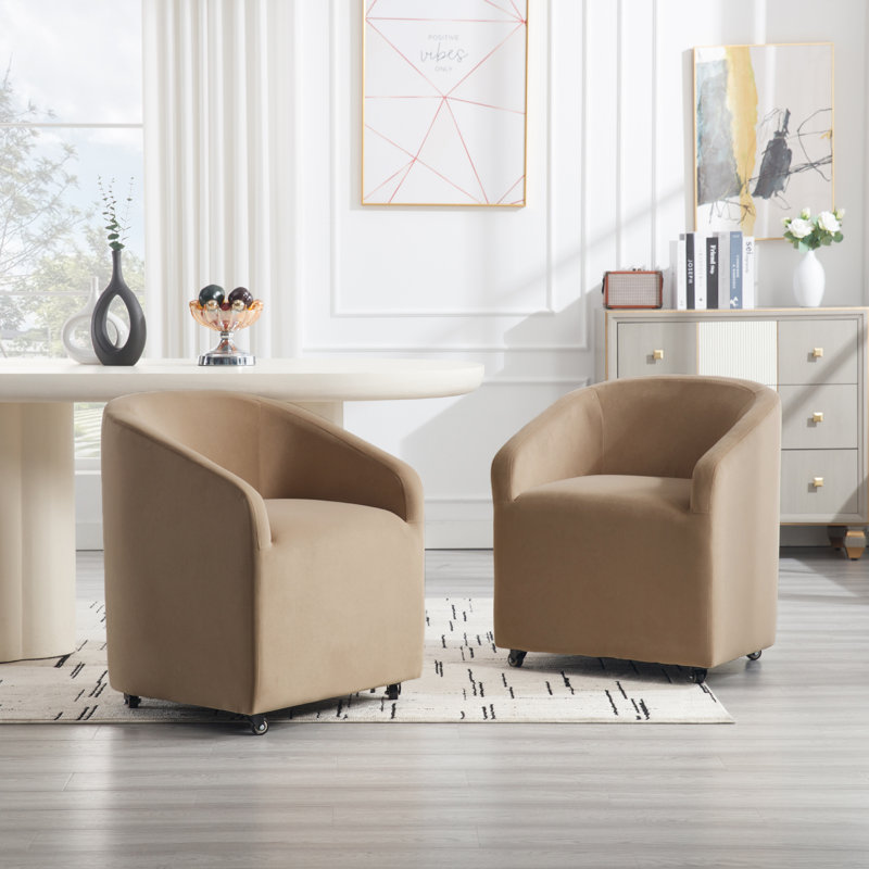 Upholstered Barrel Back Dining Chair With Swivel Casters Modern Arm Side Chair For Dining Room/Kitchen (Set of 2), Khaki
