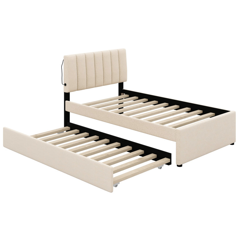 Lit plateforme tapissier avec lit gigogne, Beige