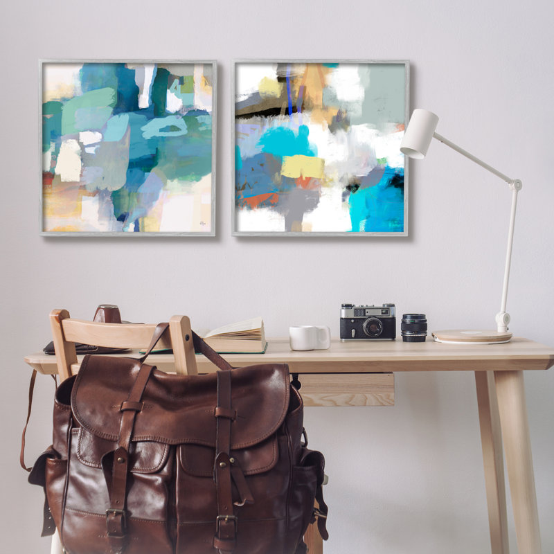 «Modern Blocked Brush Strokes Abstract Collage» par Lisa Ridgers, ensemble de 2 peintures sur cadre flottant
