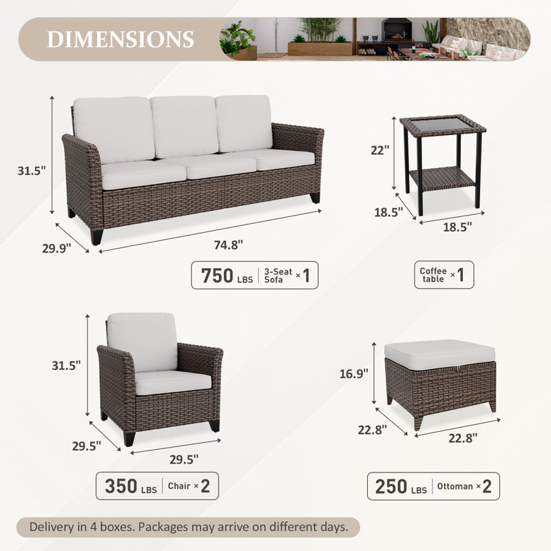 Ensemble de conversation en rotin 6 pièces avec coussins 6 pièces, Beige