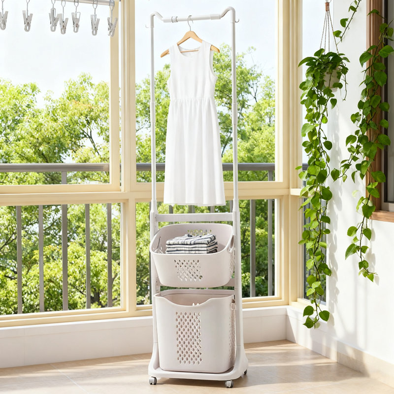 Plastic Rolling Laundry Hamper Sorter With Basket,hanging Bar And Wheels