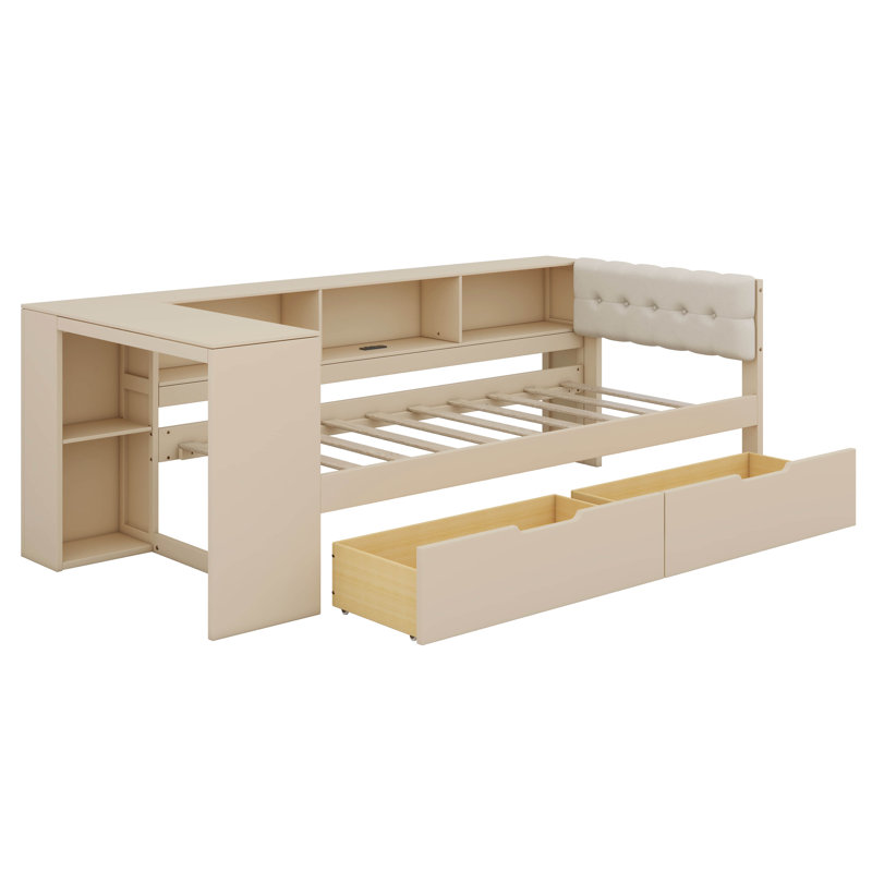 Wood Platform Bed with Storage Shelves, Drawers, Charging Station, Twin, Cream