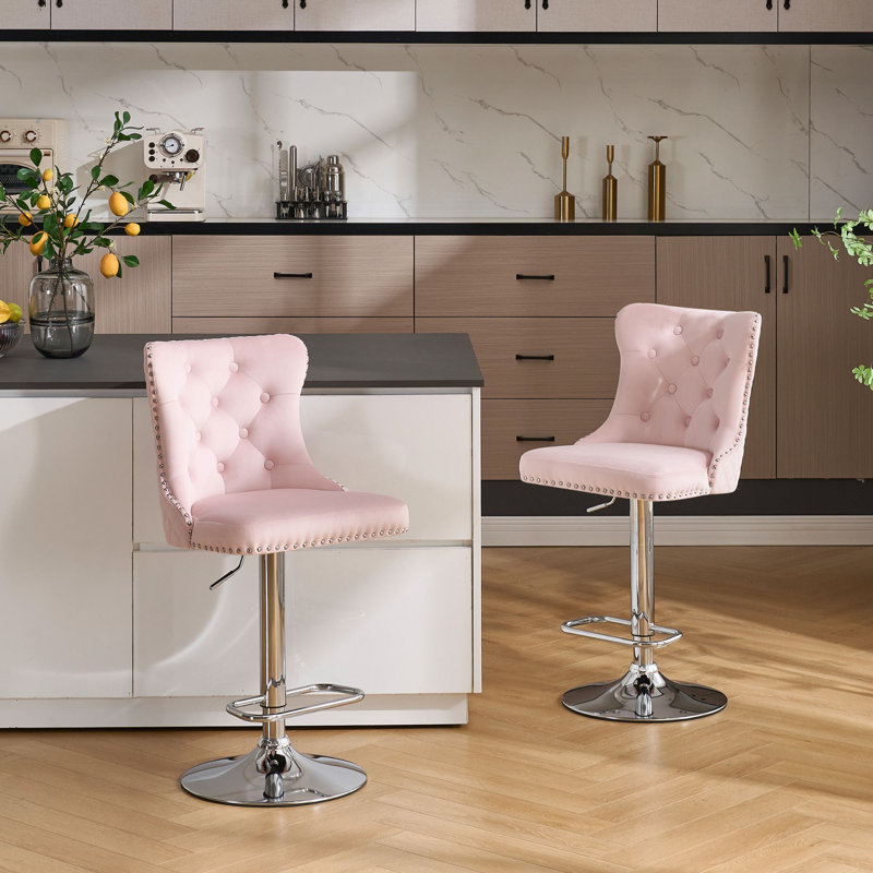 Tabouret de comptoir pivotant à hauteur réglable avec structure en métal, Argent argent, Rose