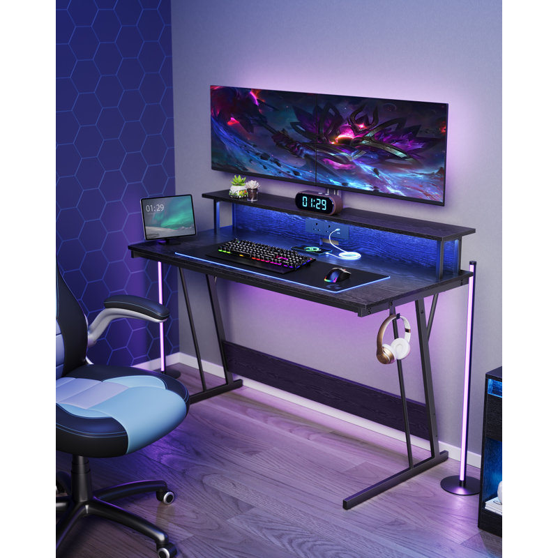 Takeshi Metal Base Computer Desk with Power Outlet, Ebony Black