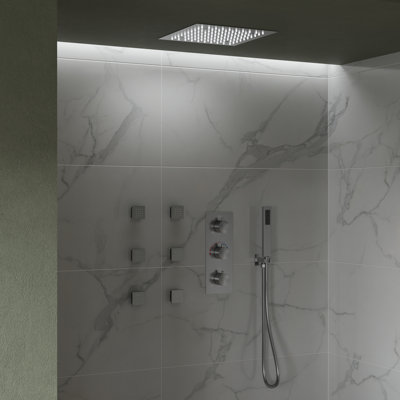 Thermostatic Rainfall Shower System, Ceiling Mount 12" LED Shower Head with Handheld Spray, 6 Body Jets Set