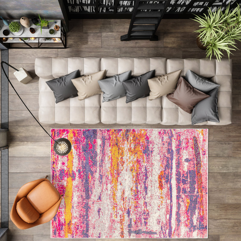 Lasley Contemporary POP Modern Abstract Brushstroke Pink/Cream Rug, Rectangle 4' x 6'