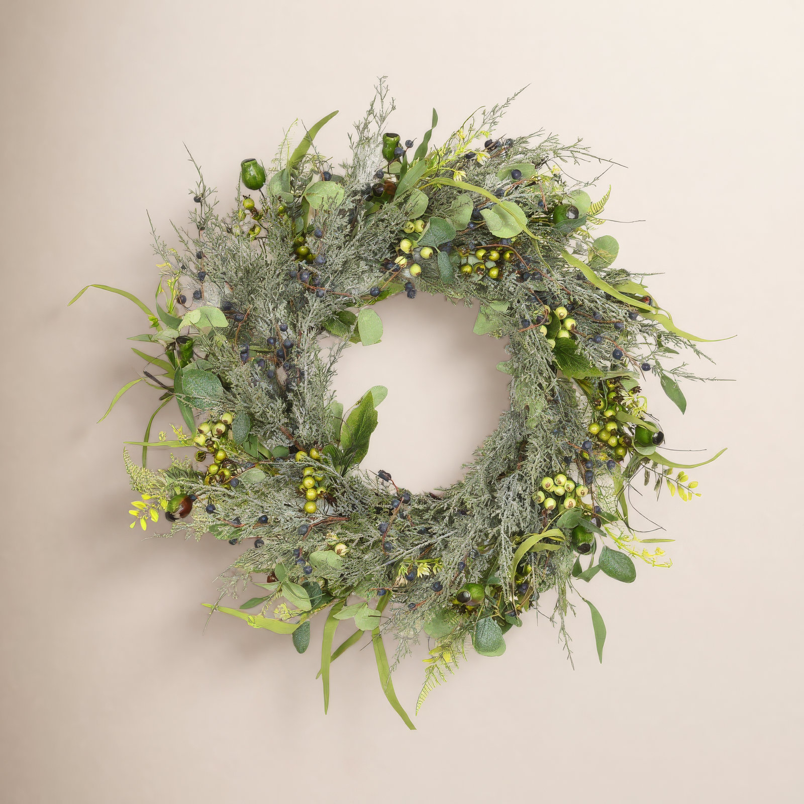 24" Artificial Farmhouse Blossom Cluster Greenery Cypress Eucalyptus Berry Christmas Day Winter Front Door Wreath, Blue/Green