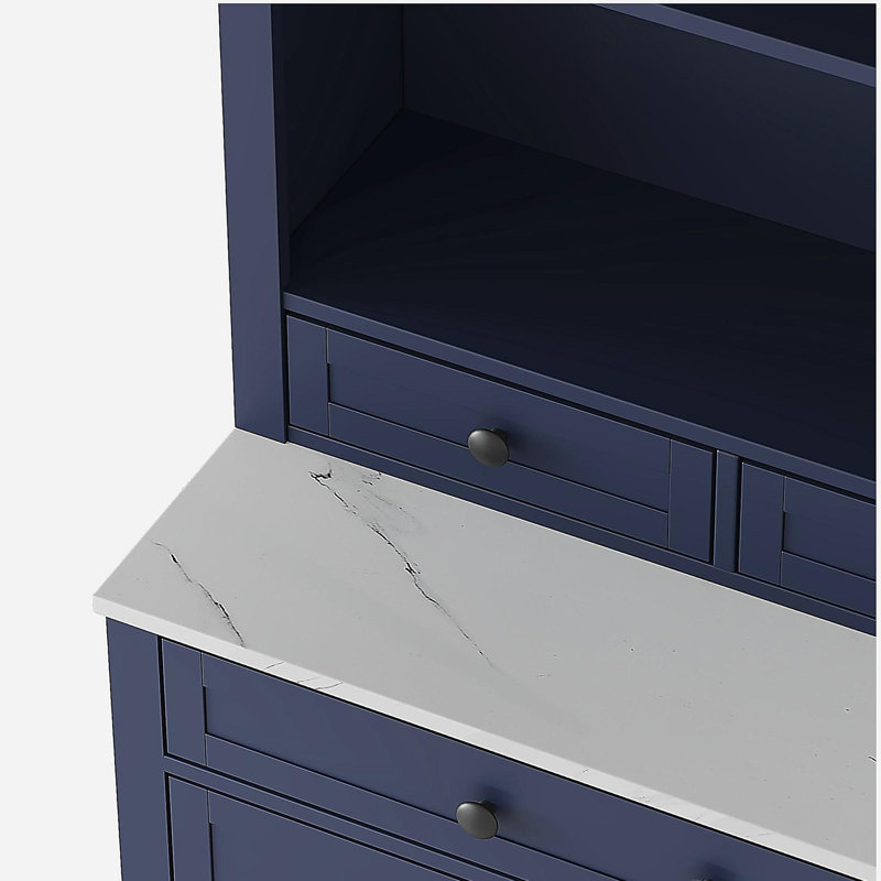 Armoire de cuisine de 83,7 pouces de hauteur, grande huche de cuisine moderne avec plateau en faux marbre, armoire de présentation avec 5 tiroirs de rangement et tablette réglable
